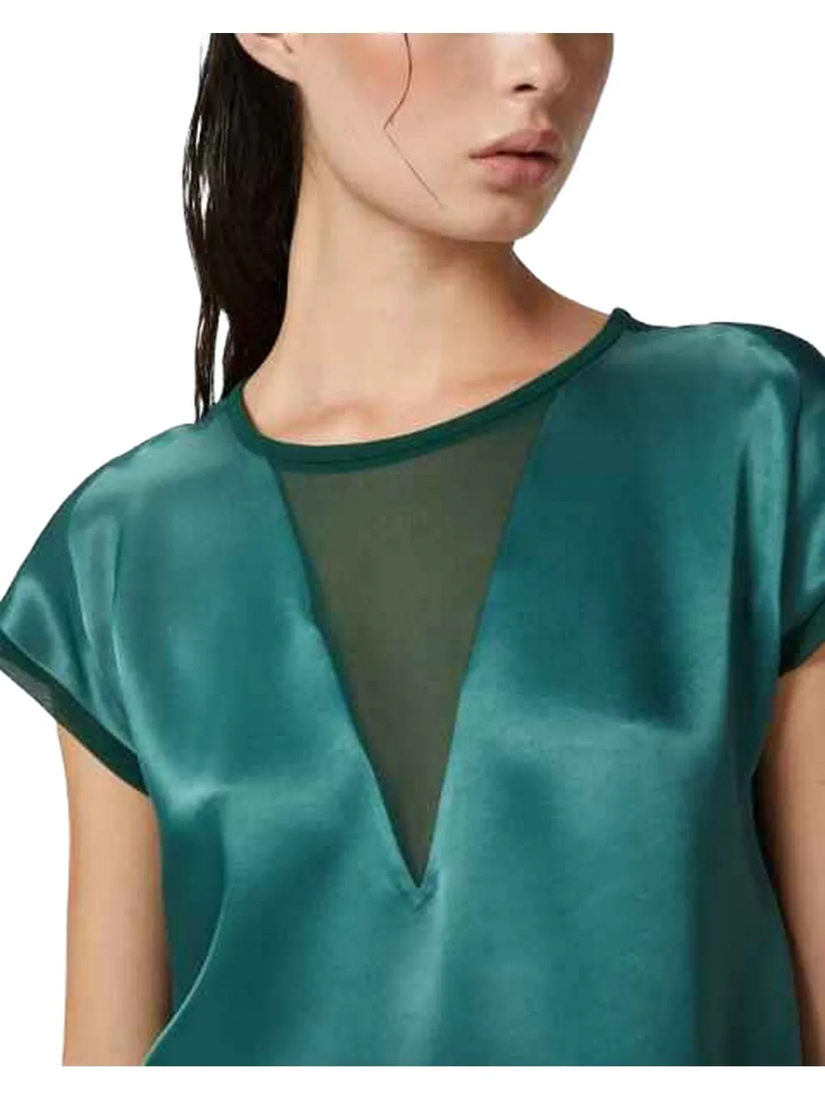 Bluse Donna Pinko - Blusa t-shirt satin e georgette - Verde
