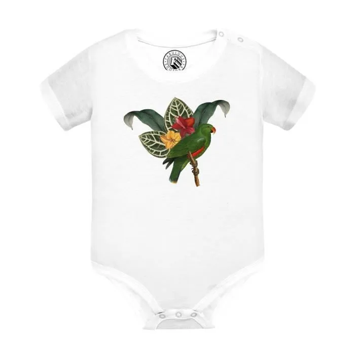 Body Bébé Manche Courte Blanc Perroquet Tropical Exotique Jungle Oiseau Couleur