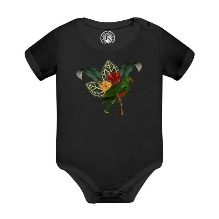 Body Bébé Manche Courte Noir Perroquet Tropical Exotique Jungle Oiseau Couleur