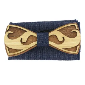 Coffret Moustache Noeud papillon en bois et pochette Bleu denim, Tony et Paul