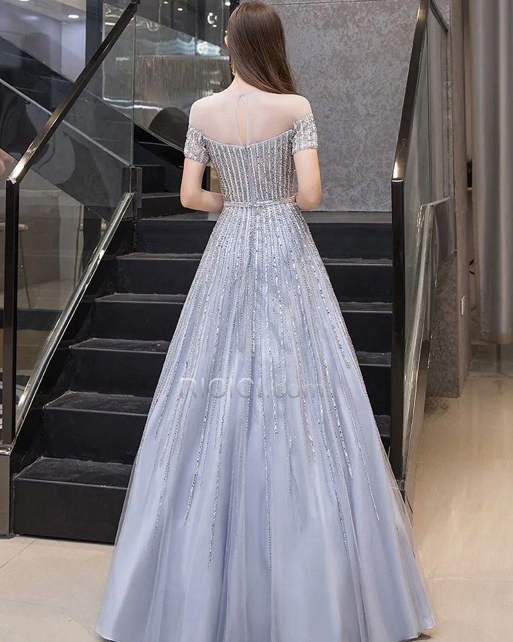 Cristal Robe De Bal Glitter Brillante Manche Courte Robe De Soirée Dos Nu Longue Bleu Clair