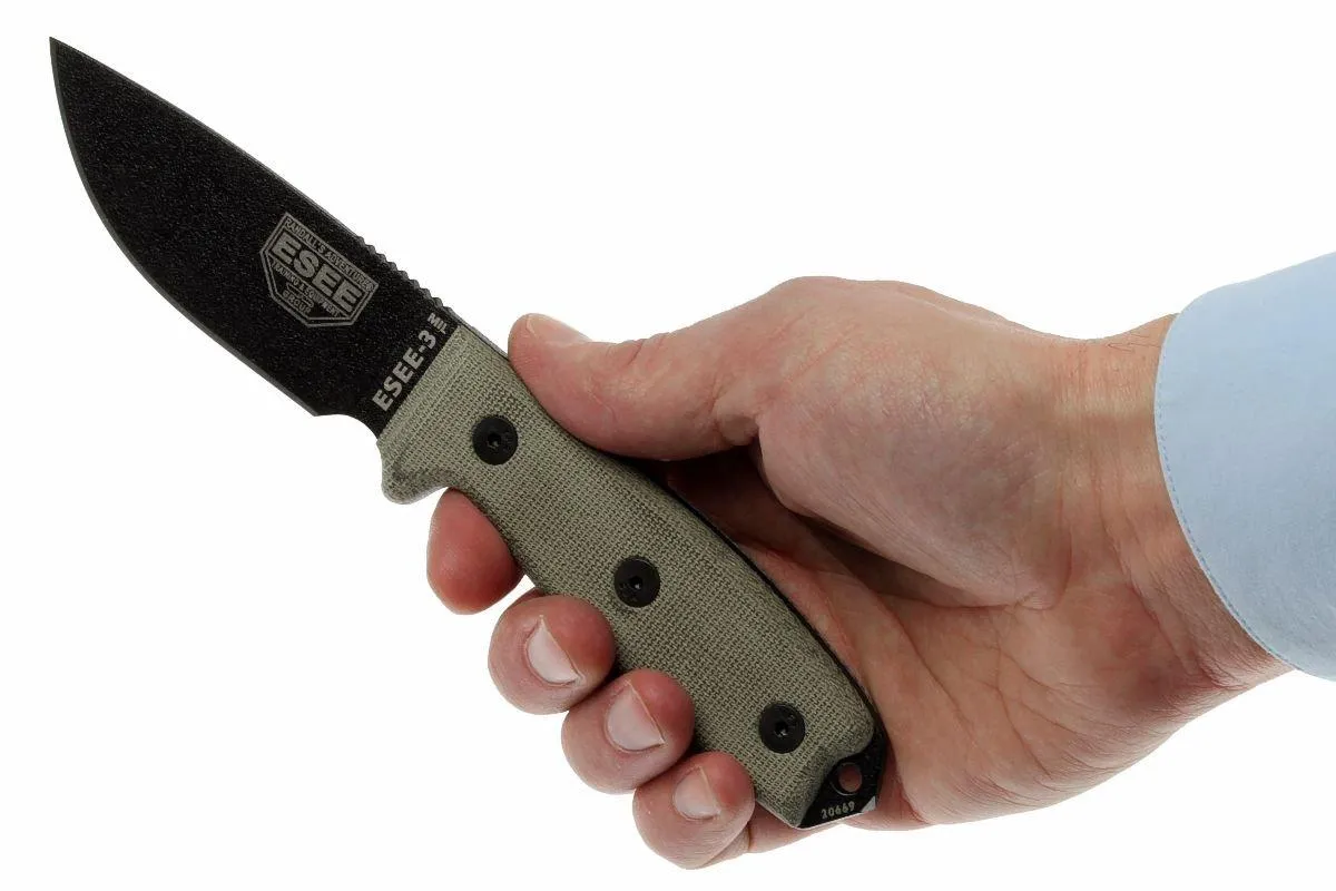 ESEE Model 3 survivalmes 3MIL-P-B étui noir + clip ceinture et MOLLE-back