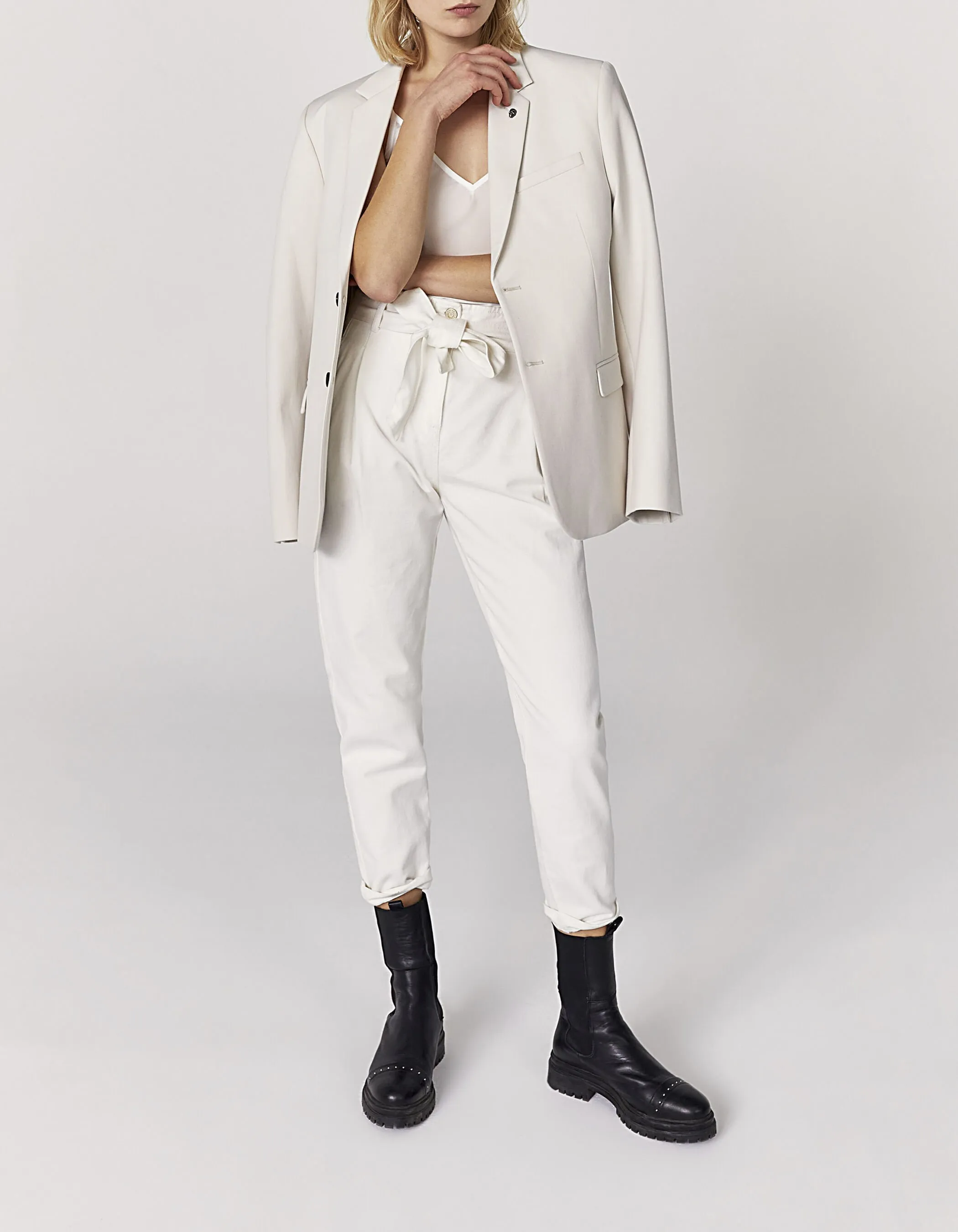 Jean paper-bag blanc taille haute en coton bio femme
