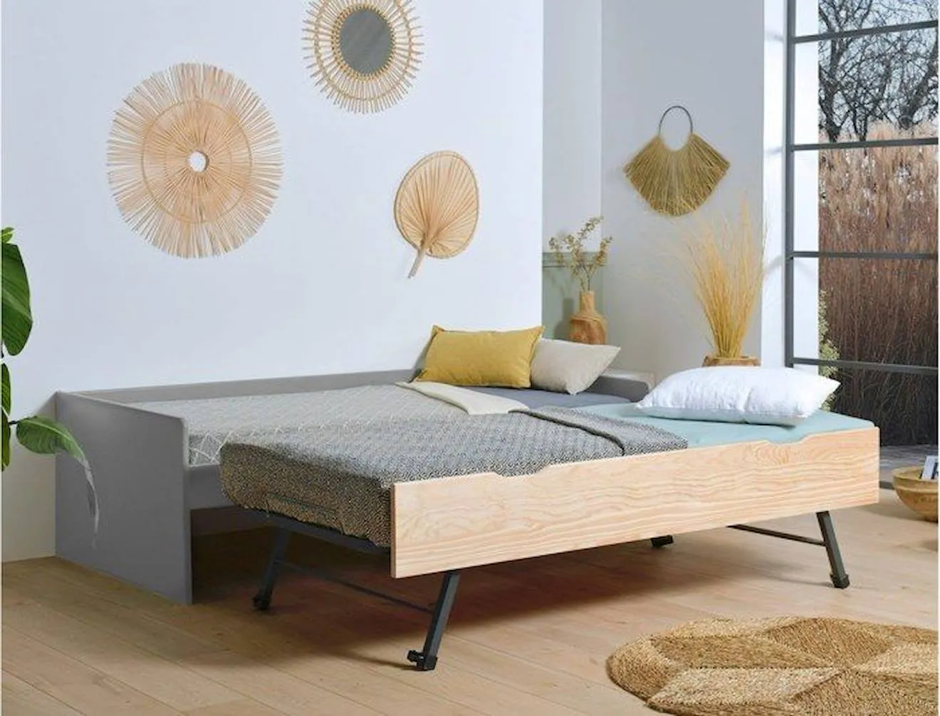 Lit banquette gigogne en pin massif LANDES - Gris/Bois multicolore - Chambrekids