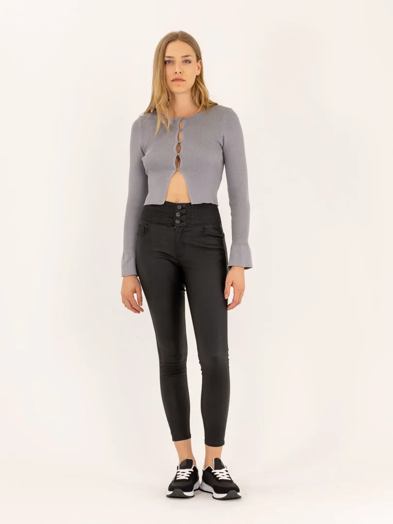 Pantalon taille haute élastique effet cuir
