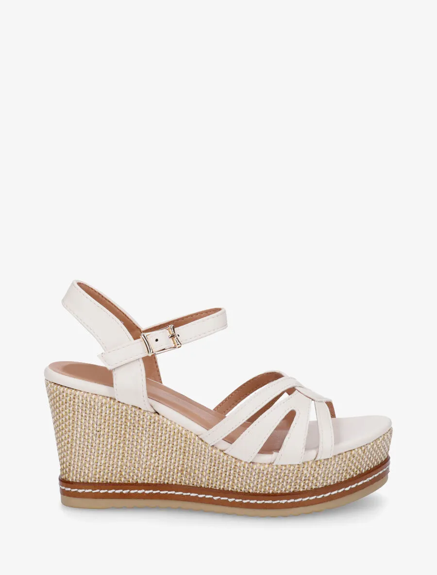 Sandales en simili à talon compensé tissé - Beige