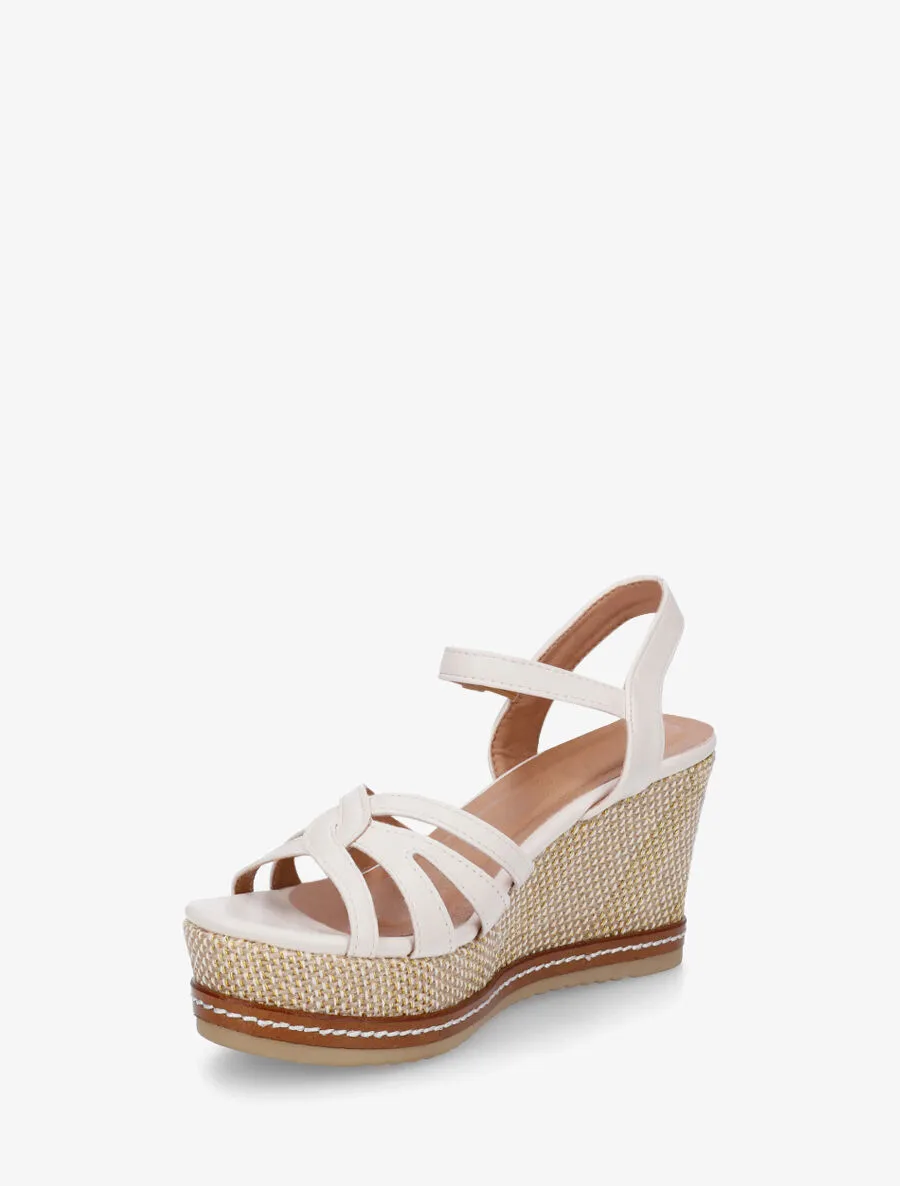 Sandales en simili à talon compensé tissé - Beige
