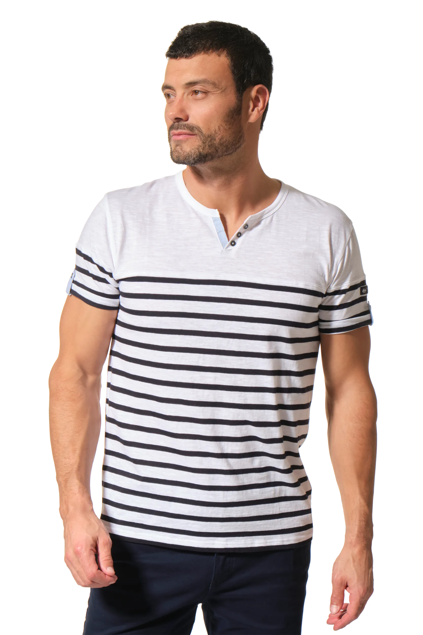 Tee-shirt marin à rayures homme en coton manches courtes et col fantaisie NICOLO